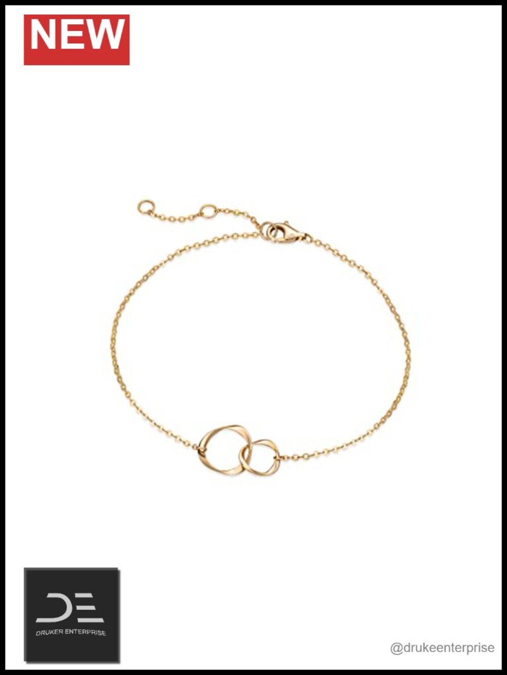 14K Solid Gold Two Interlocking Circles Charm Bracelet Women Fine Jewelry Gift